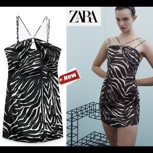 Zara Black zebra animal print spaghetti strap mini dress Sz M NWT